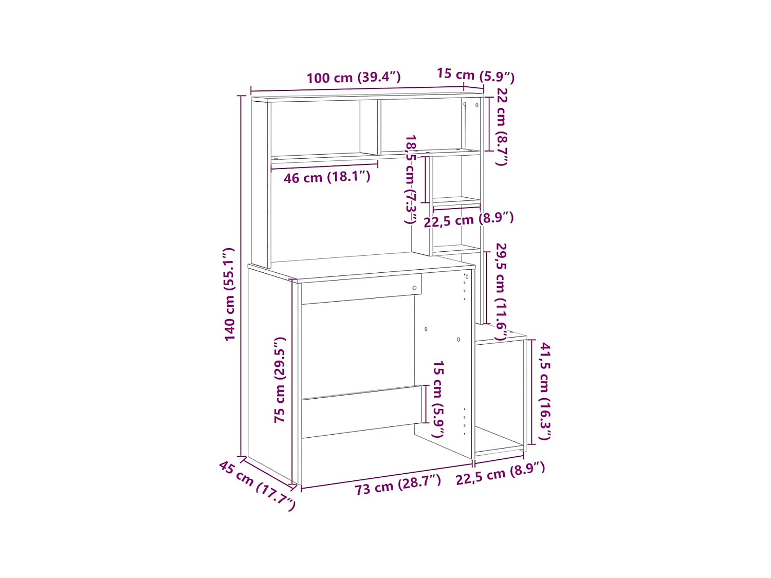 Bureau avec étagères gris béton 100x45x140 cm bois d'ingénierie