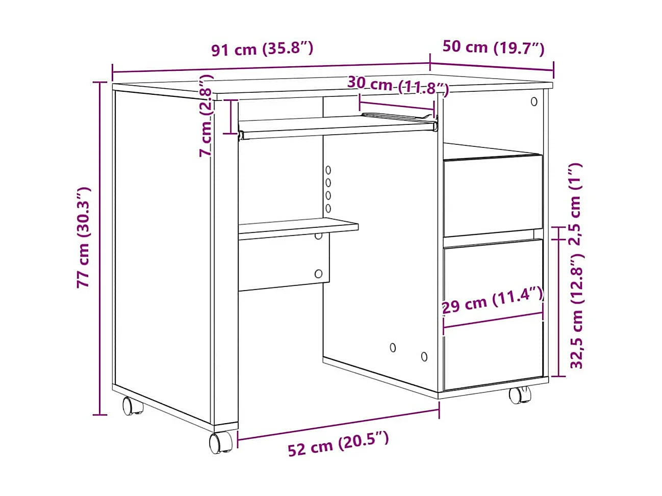 Bureau avec roulettes Gris 91 x 50 x 77 cm Bois d'ingénierie