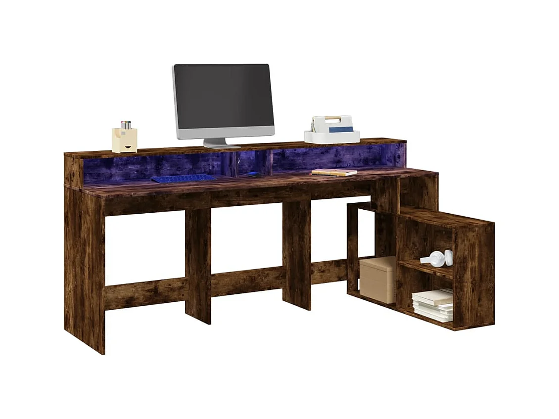 Bureau et lumières LED chêne fumé 200x104x91cm bois ingénierie