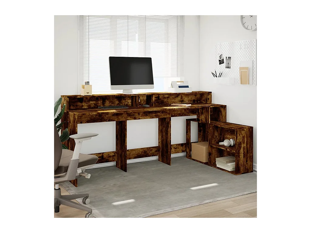 Bureau et lumières LED chêne fumé 200x104x91cm bois ingénierie