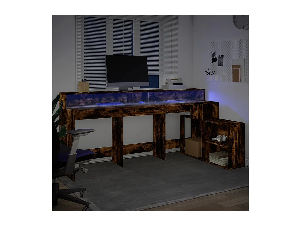 Bureau et lumières LED chêne fumé 200x104x91cm bois ingénierie