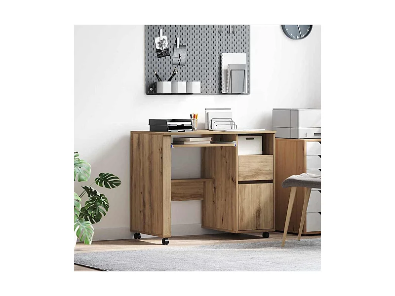 Bureau avec roulettes avec roue chêne artisanal 91 x 50 x 77 cm