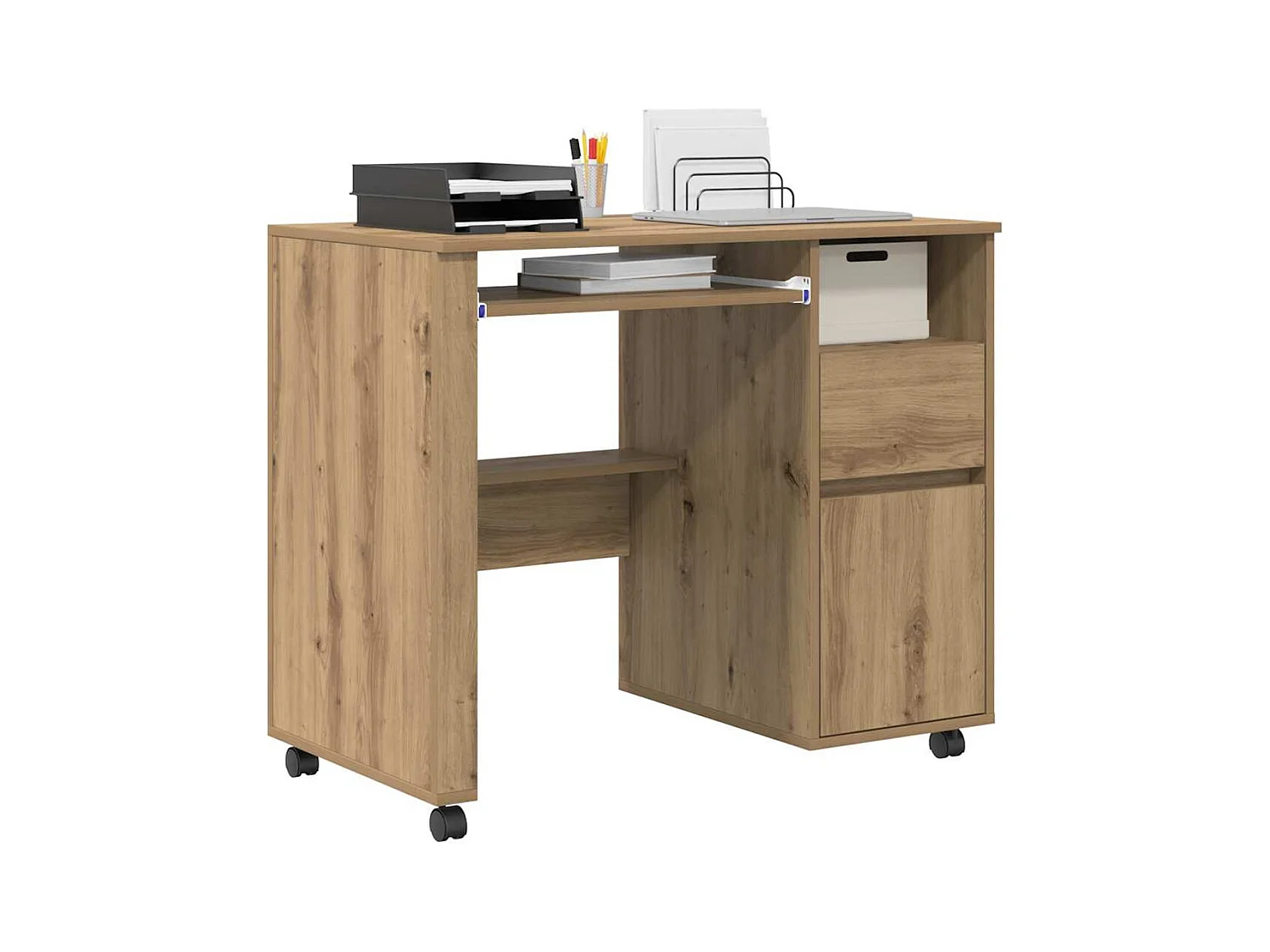 Bureau avec roulettes avec roue chêne artisanal 91 x 50 x 77 cm