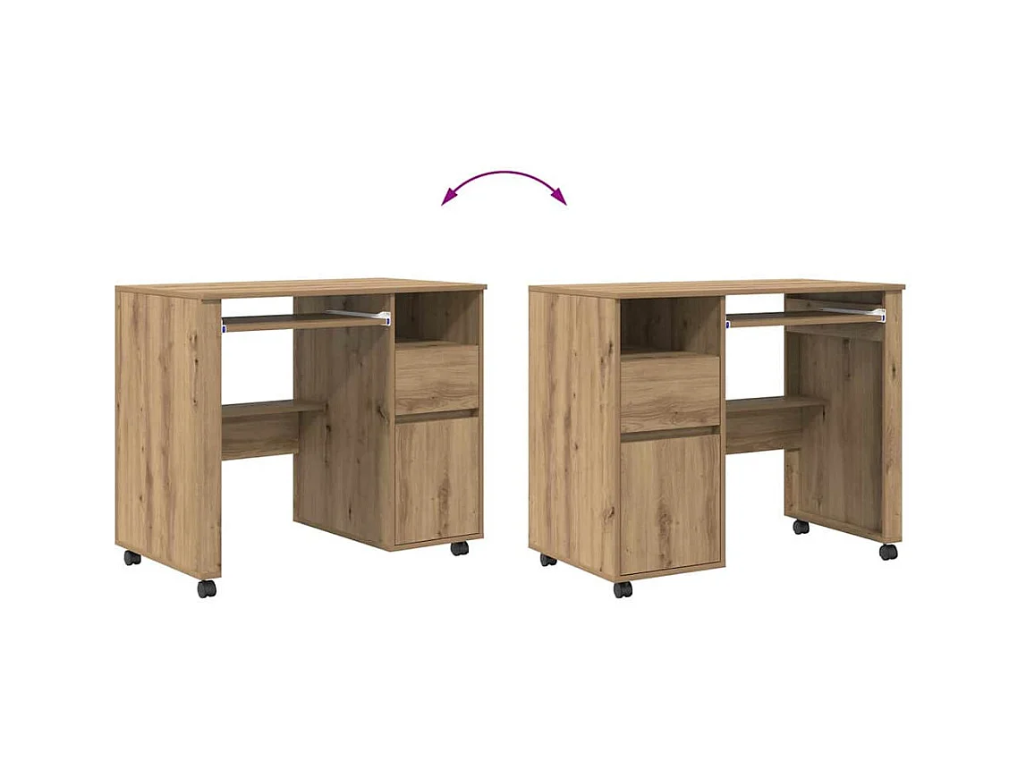 Bureau avec roulettes avec roue chêne artisanal 91 x 50 x 77 cm