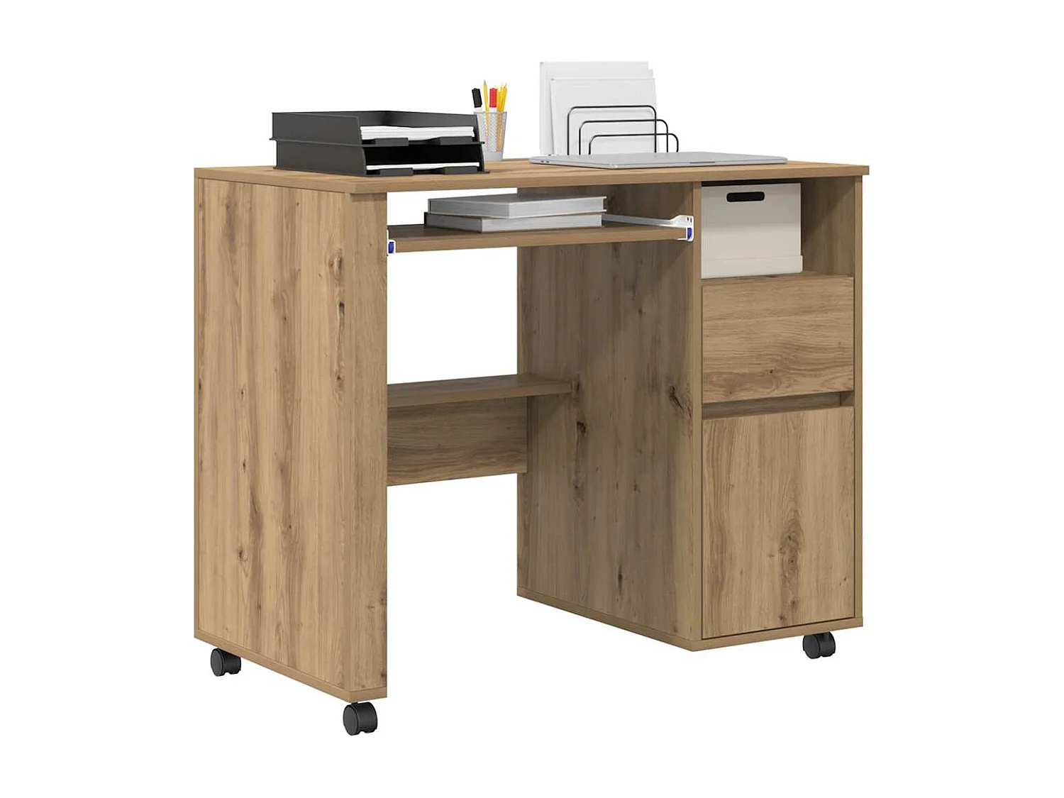 Bureau avec roulettes avec roue chêne artisanal 91 x 50 x 77 cm