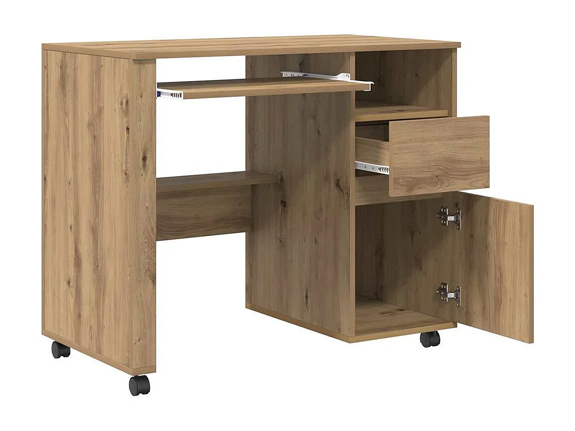 Bureau avec roulettes avec roue chêne artisanal 91 x 50 x 77 cm