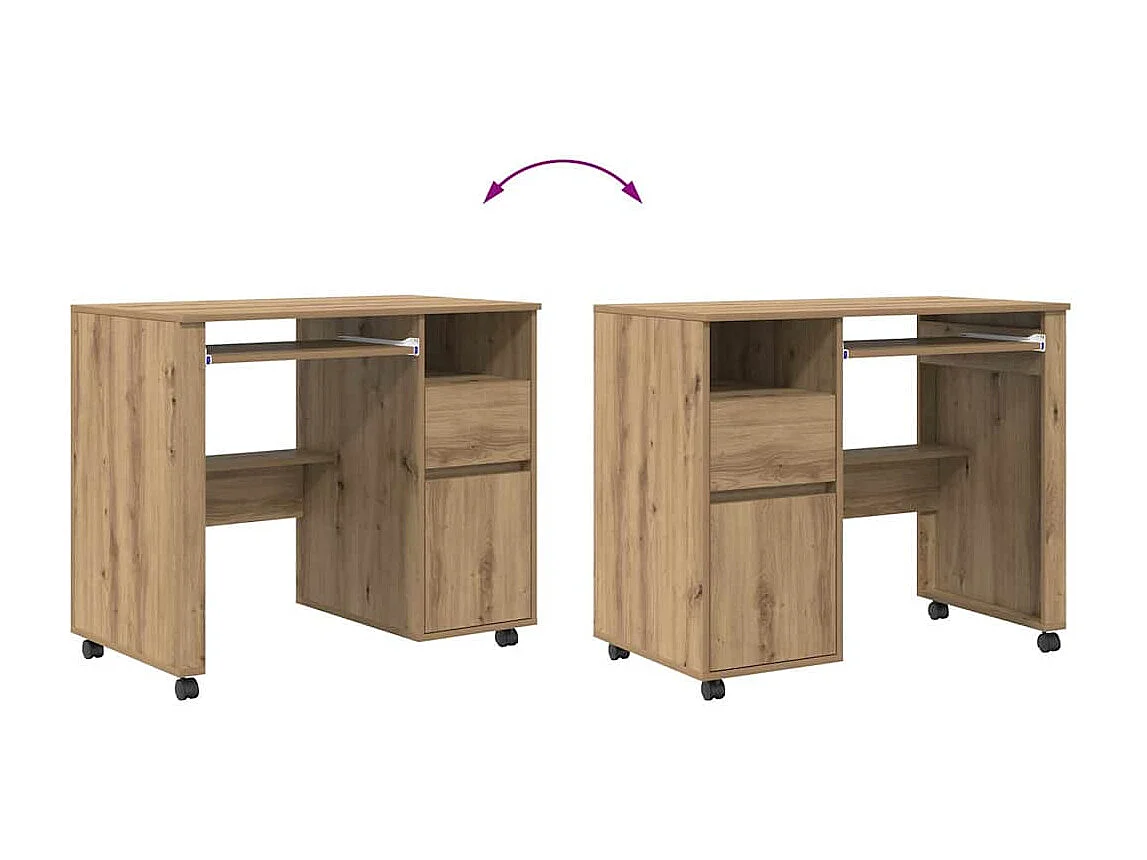 Bureau avec roulettes avec roue chêne artisanal 91 x 50 x 77 cm