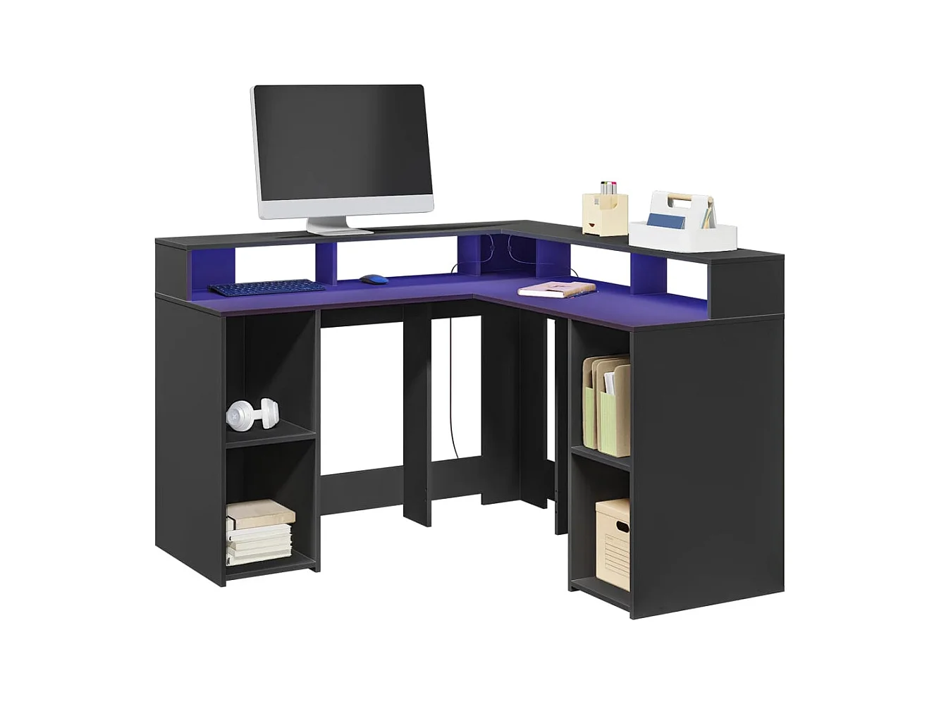 Secretária com luzes LED 130x130x91 cm derivados madeira preto