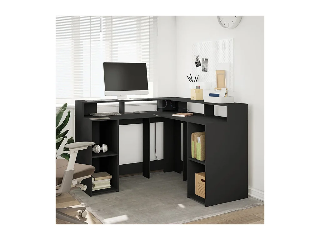 Bureau avec lumières LED noir 130x130x91 cm bois d'ingénierie