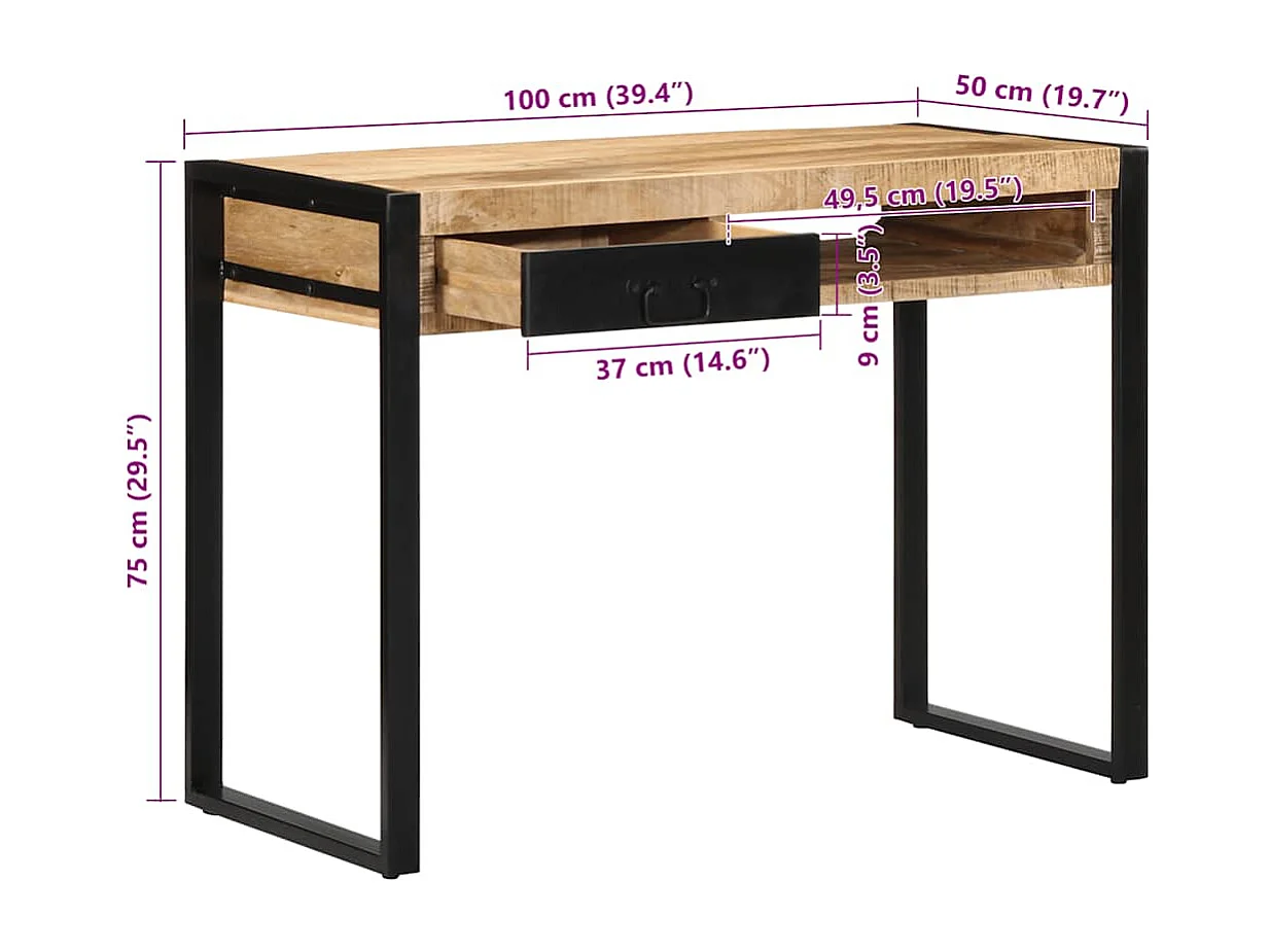 Bureau 100x50x75 cm bois de manguier brut massif