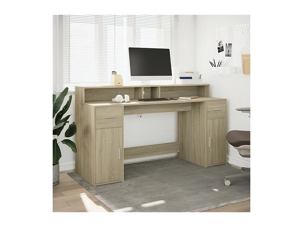 Bureau avec lumières LED chêne sonoma bois d'ingénierie