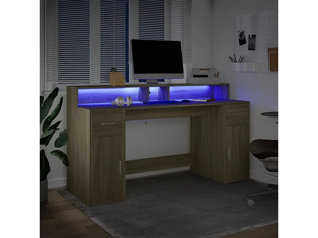 Bureau avec lumières LED chêne sonoma bois d'ingénierie