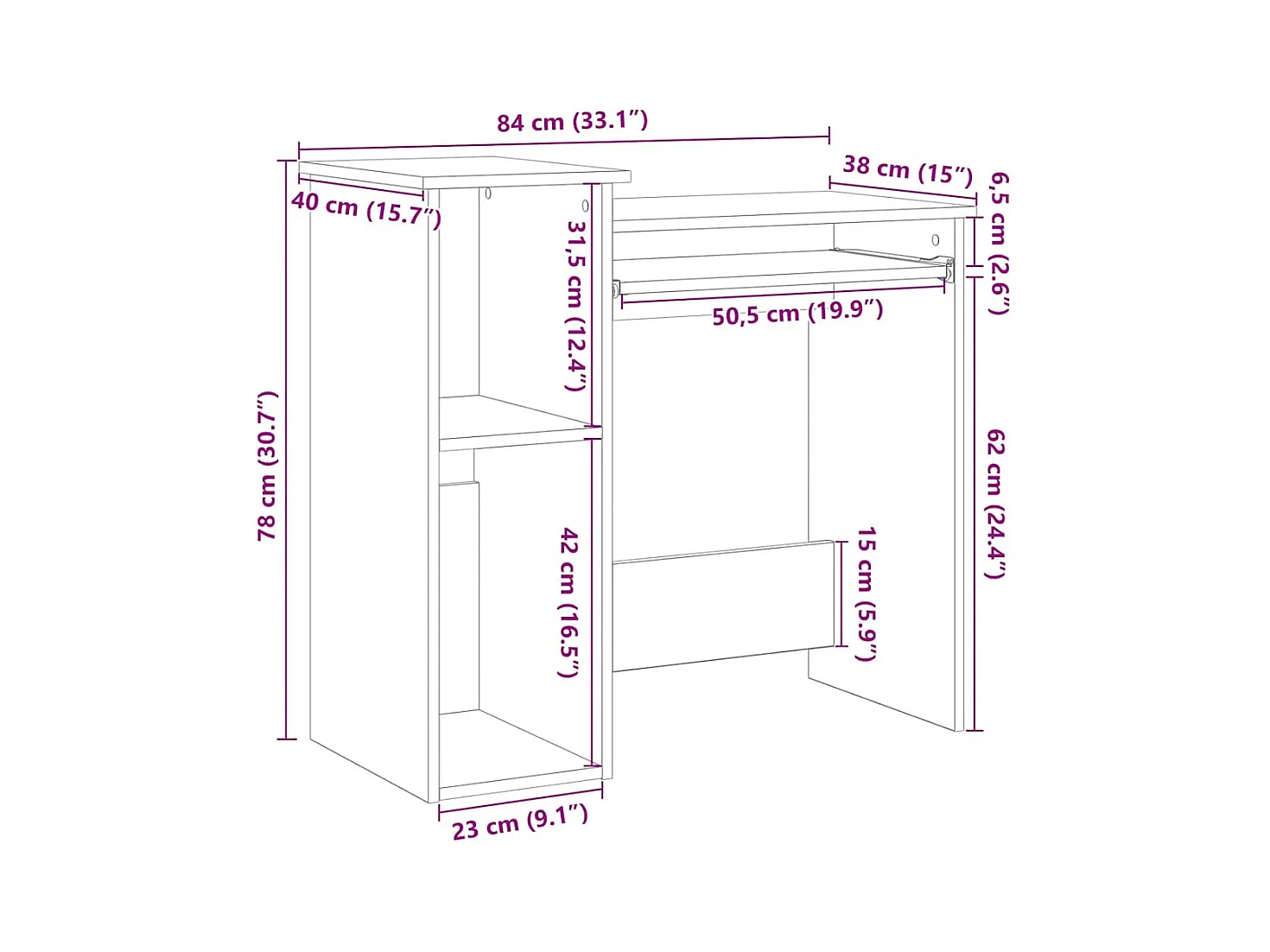 Bureau avec étagères noir 84x40x78 cm bois d'ingénierie