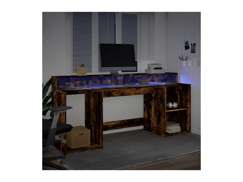 Bureau et lumières LED chêne fumé 200x55x91cm bois d'ingénierie