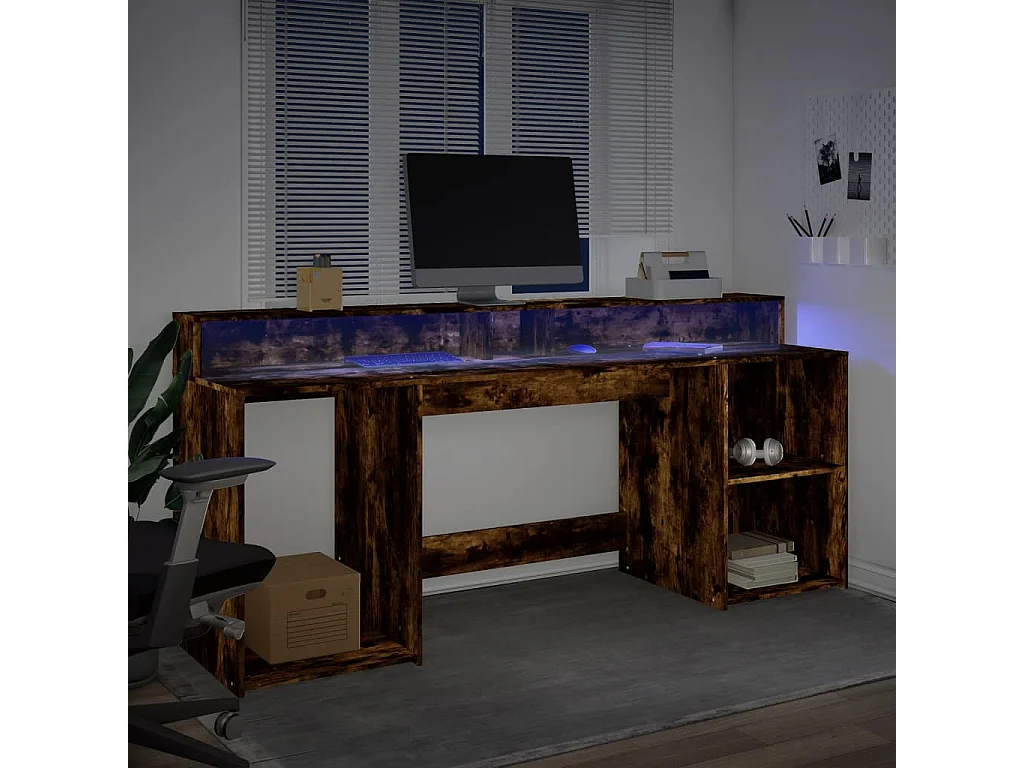 Bureau et lumières LED chêne fumé 200x55x91cm bois d'ingénierie