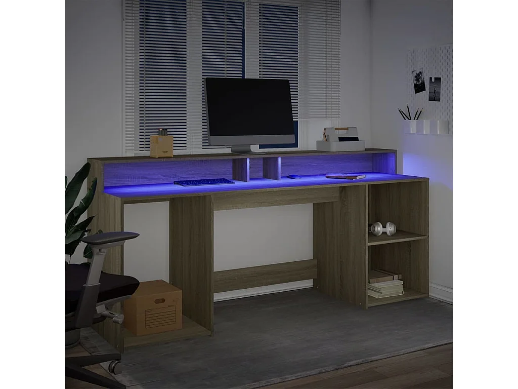 Bureau avec lumières LED chêne sonoma bois d'ingénierie