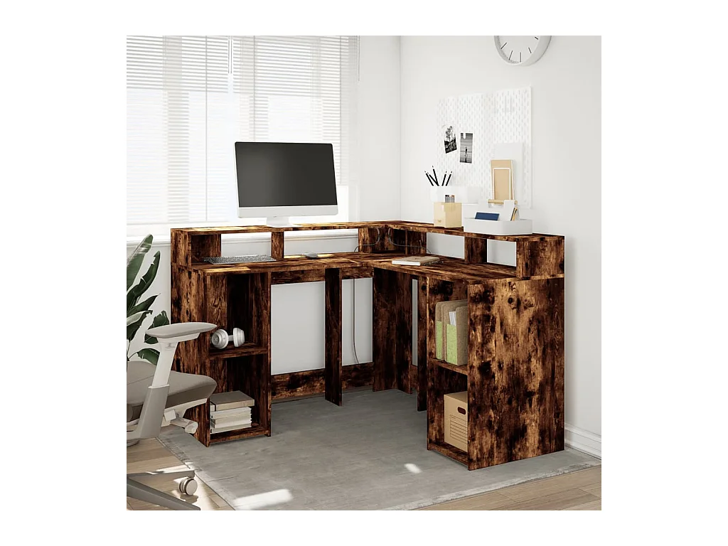 Bureau et lumières LED chêne fumé 130x130x91cm bois ingénierie