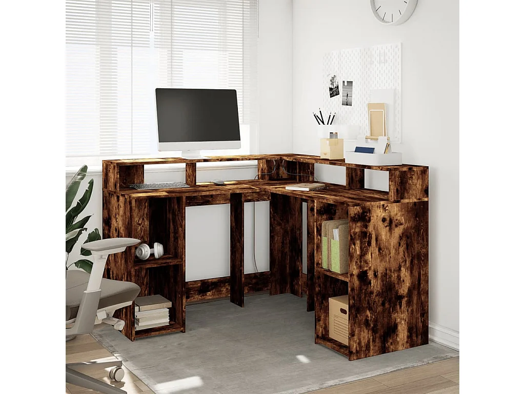 Escritorio con LED madera ingeniería roble ahumado 130x130x91cm