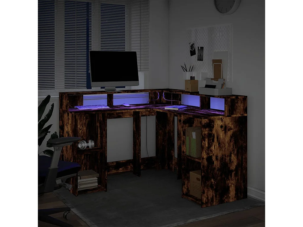 Escritorio con LED madera ingeniería roble ahumado 130x130x91cm