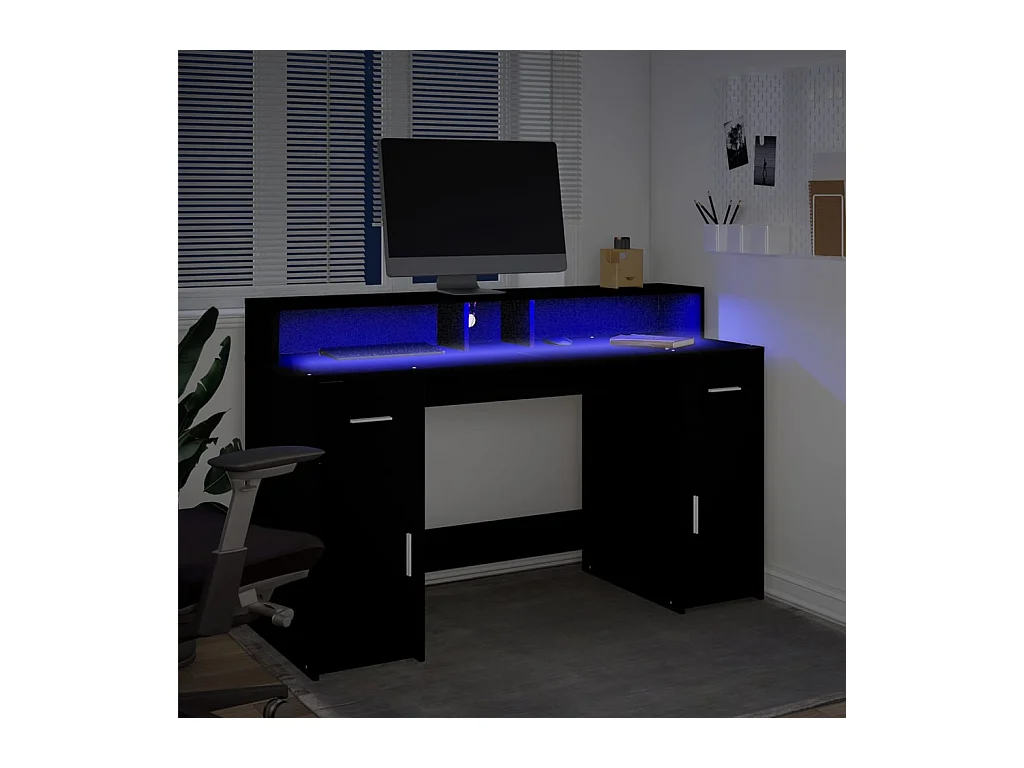 Secretária com luzes LED 140x55x91 cm derivados de madeira preto