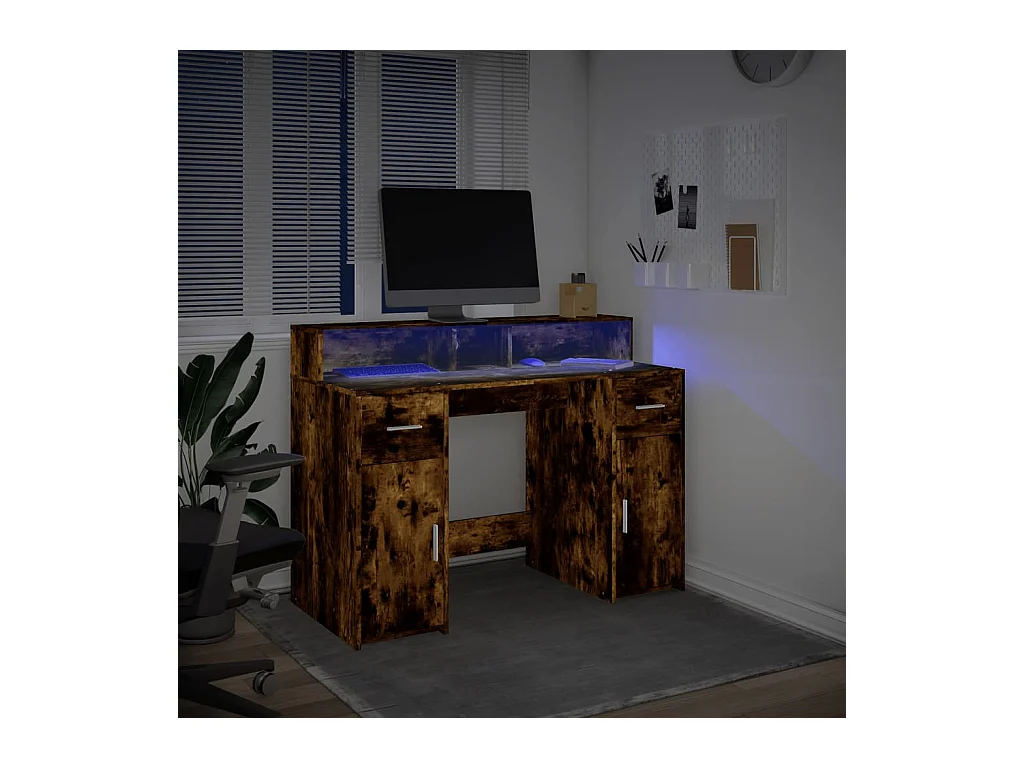 Bureau et lumières LED chêne fumé 120x55x91cm bois d'ingénierie