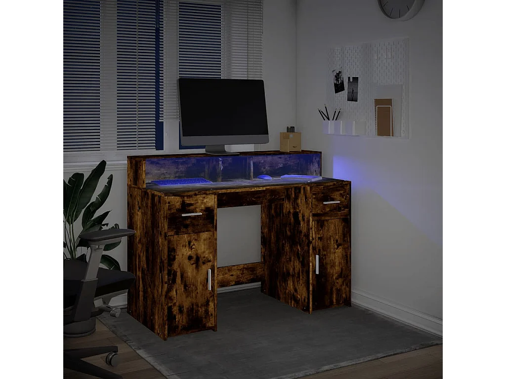 Bureau et lumières LED chêne fumé 120x55x91cm bois d'ingénierie