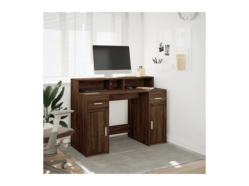 Bureau et lumières LED chêne marron bois d'ingénierie