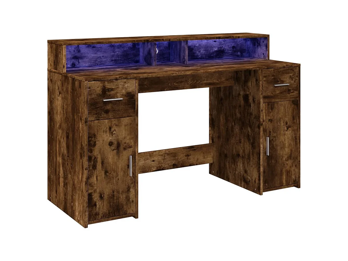 Bureau et lumières LED chêne fumé 140x55x91cm bois d'ingénierie
