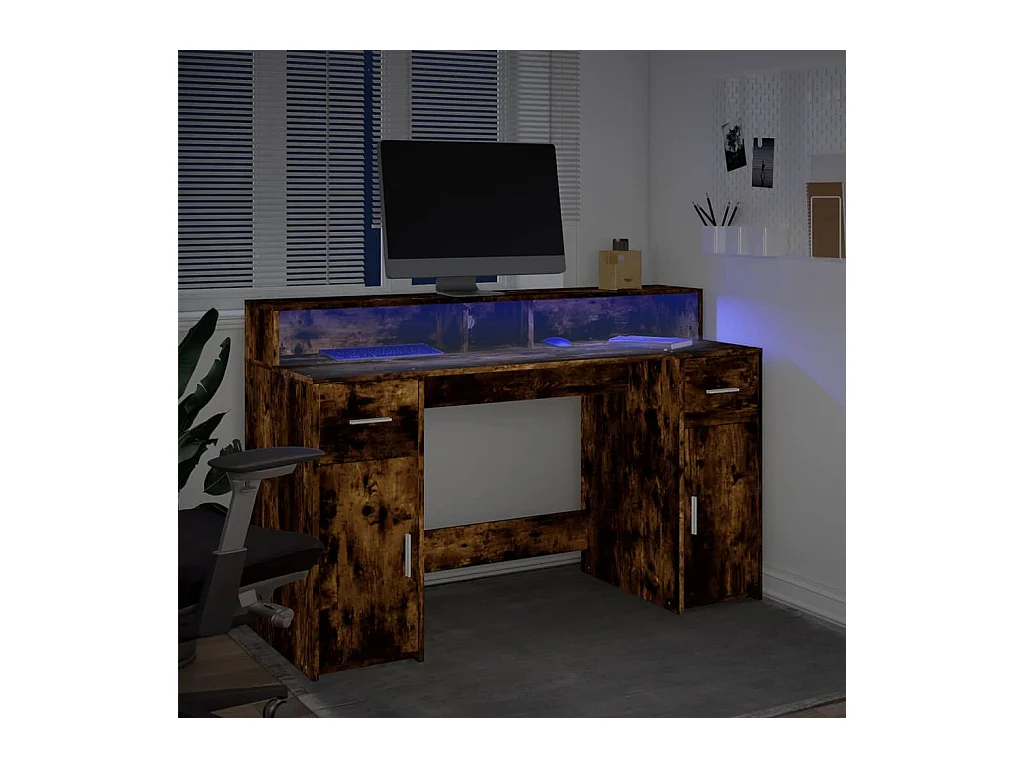 Bureau et lumières LED chêne fumé 140x55x91cm bois d'ingénierie