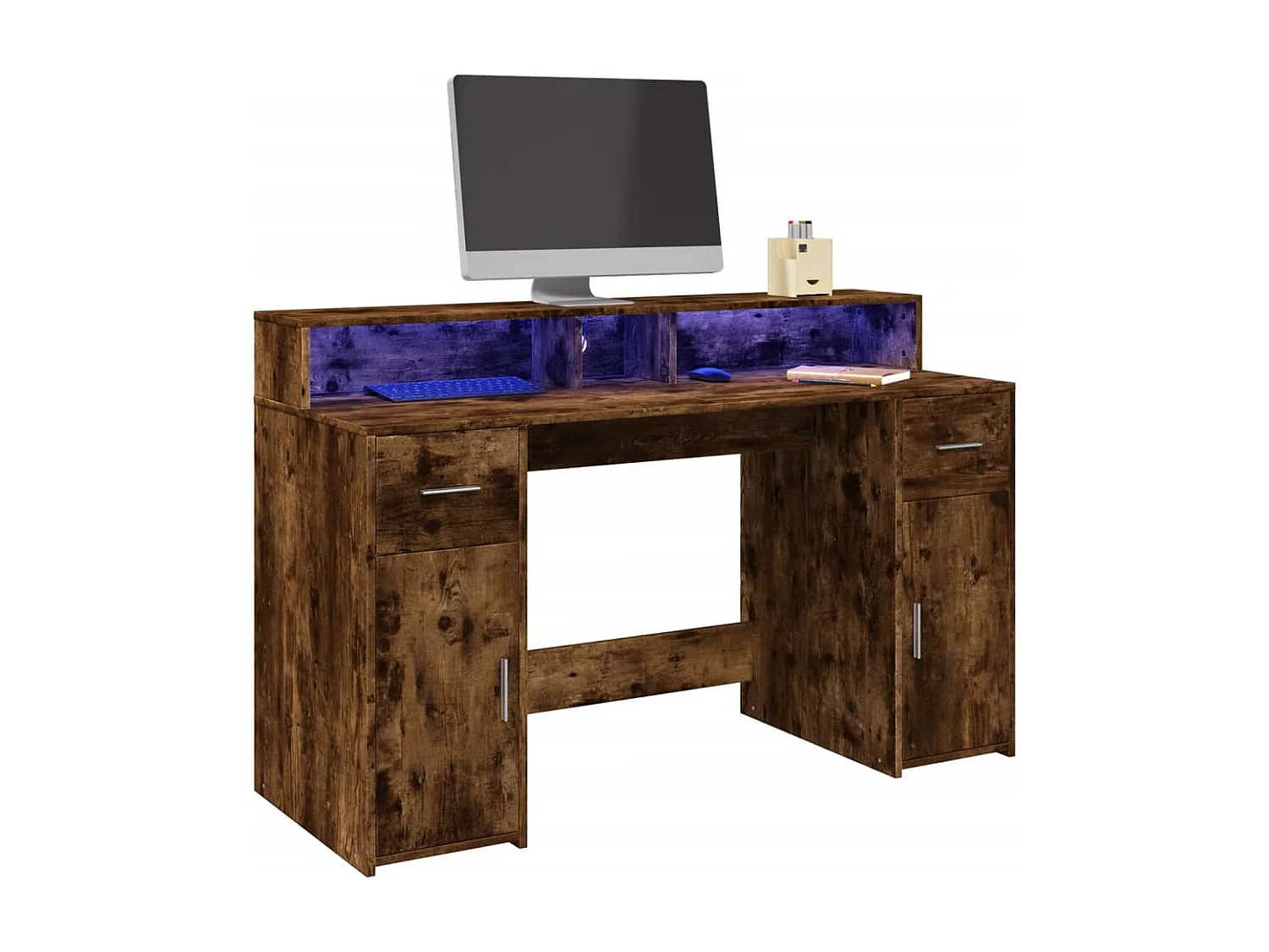 Bureau et lumières LED chêne fumé 140x55x91cm bois d'ingénierie