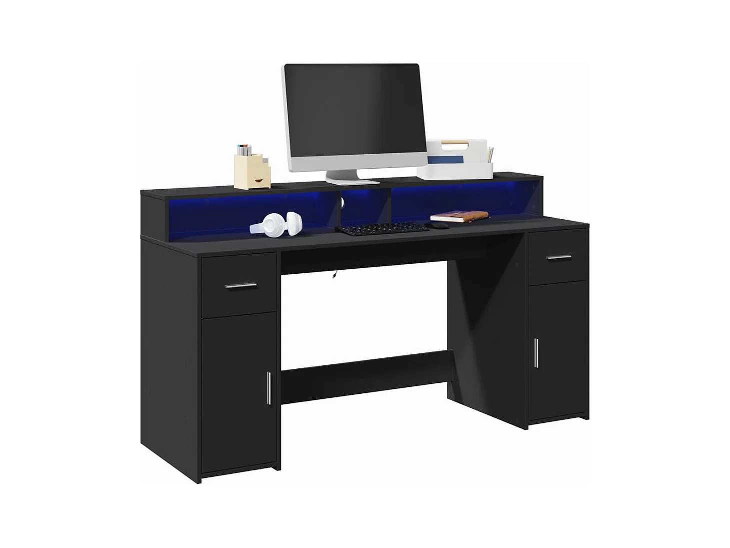 Secretária com luzes LED 160x55x91 cm derivados de madeira preto