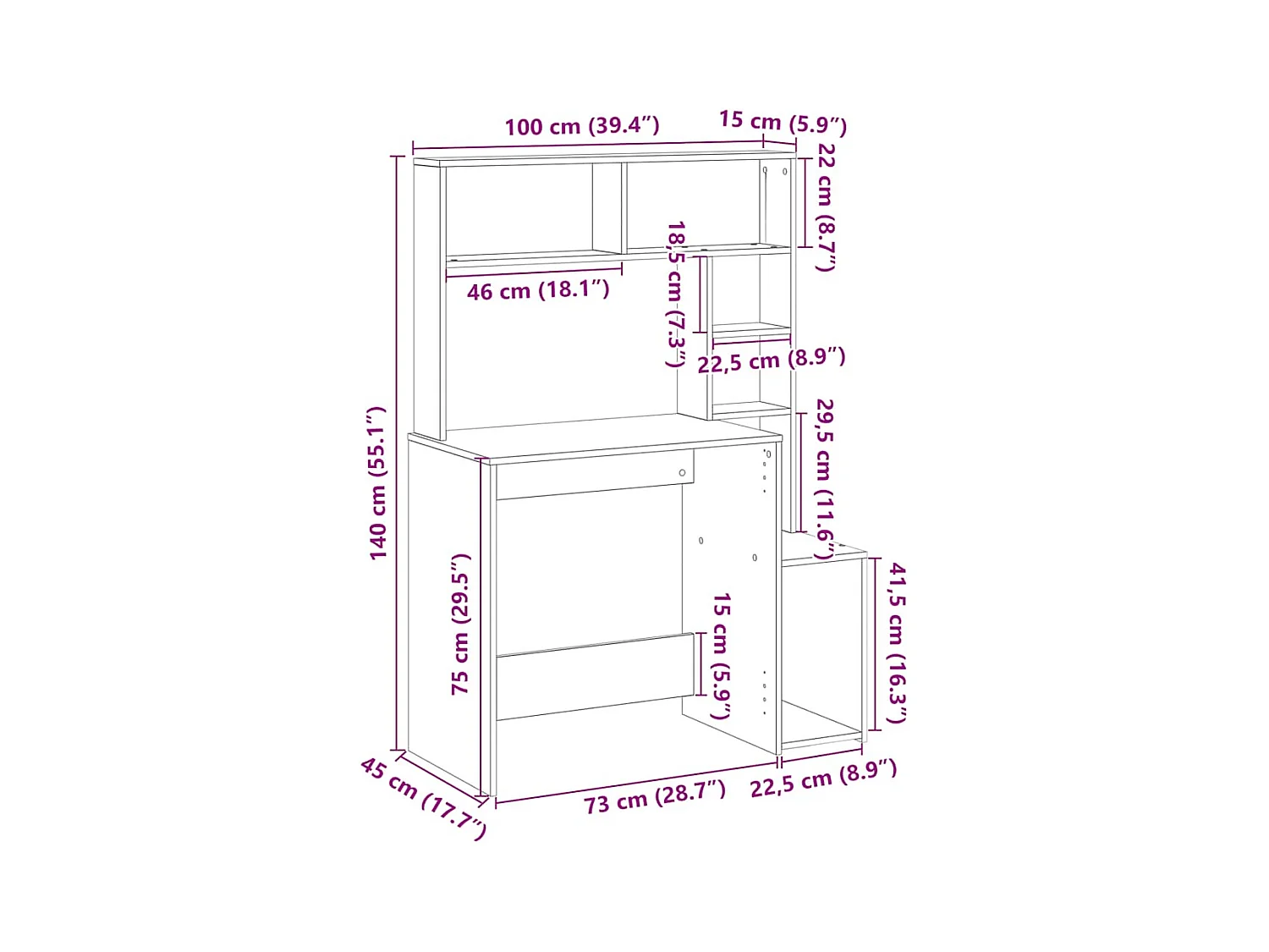 Bureau avec étagères chêne sonoma 100x45x140 cm