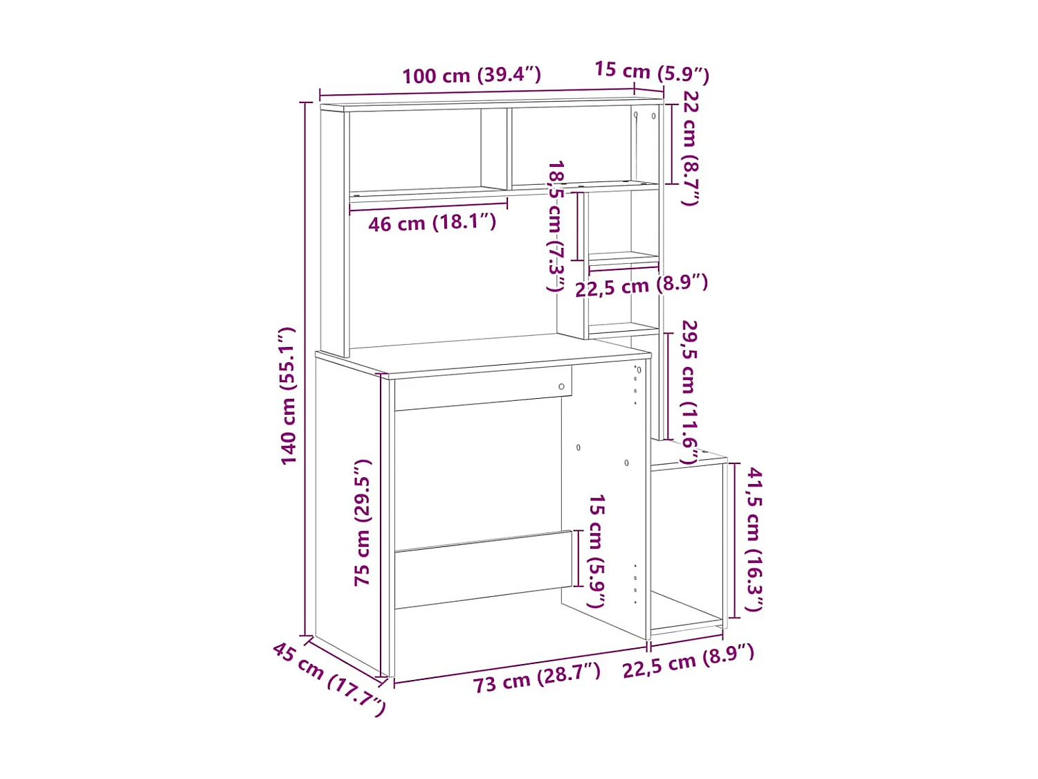 Bureau avec étagères chêne sonoma 100x45x140 cm