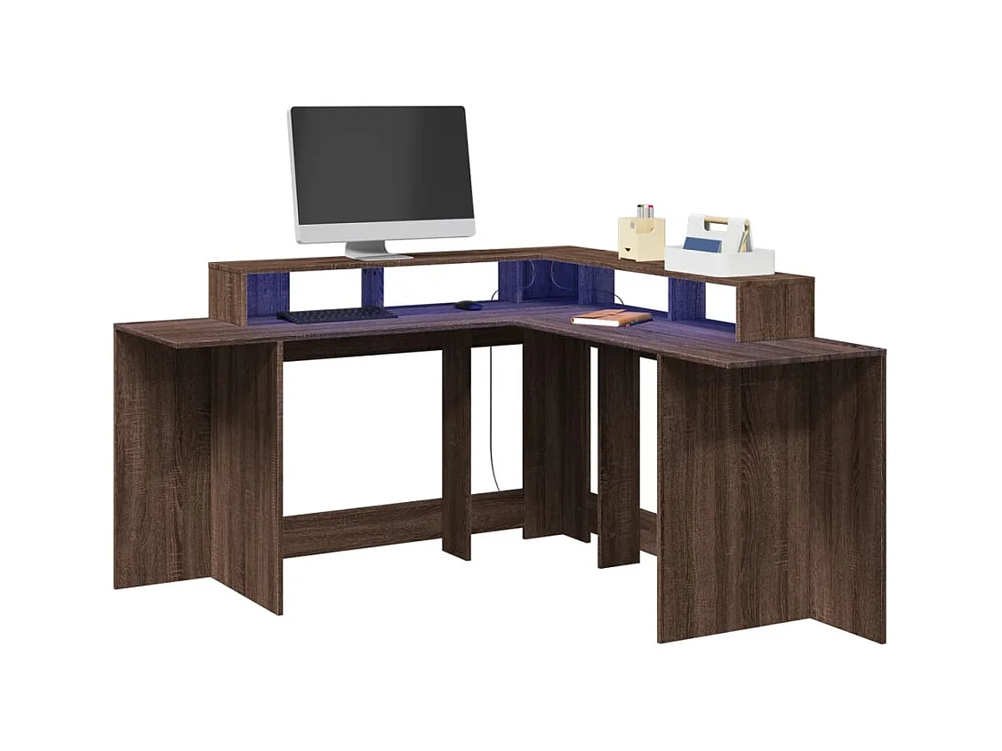 Bureau et lumières LED chêne marron bois d'ingénierie