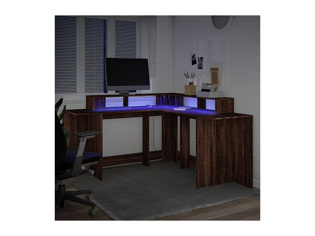 Bureau et lumières LED chêne marron bois d'ingénierie