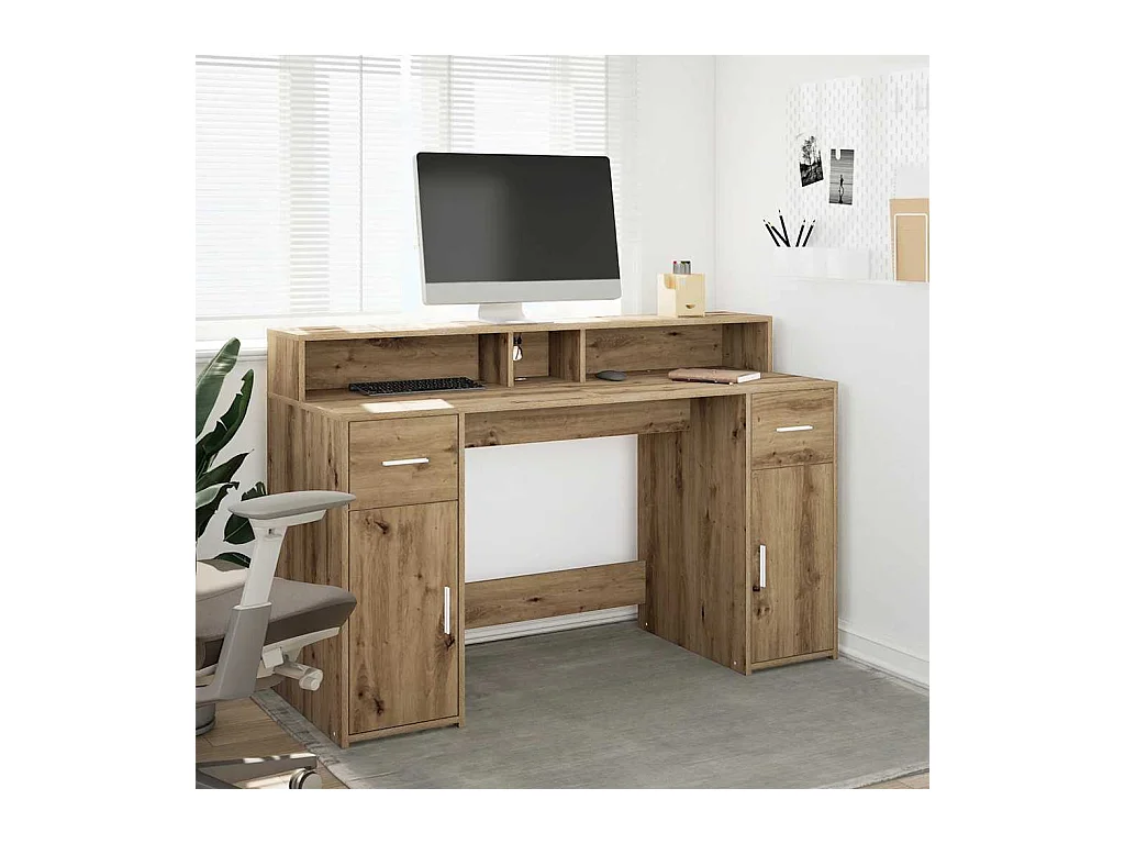 Bureau avec lumières LED chêne artisanal bois d'ingénierie