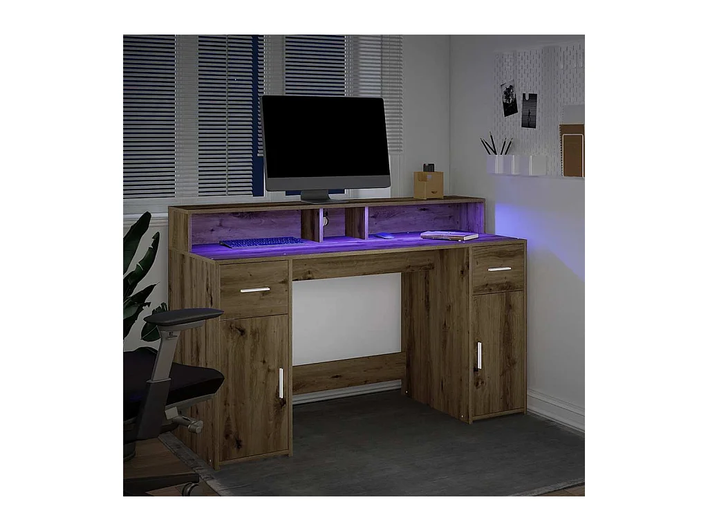 Bureau avec lumières LED chêne artisanal bois d'ingénierie