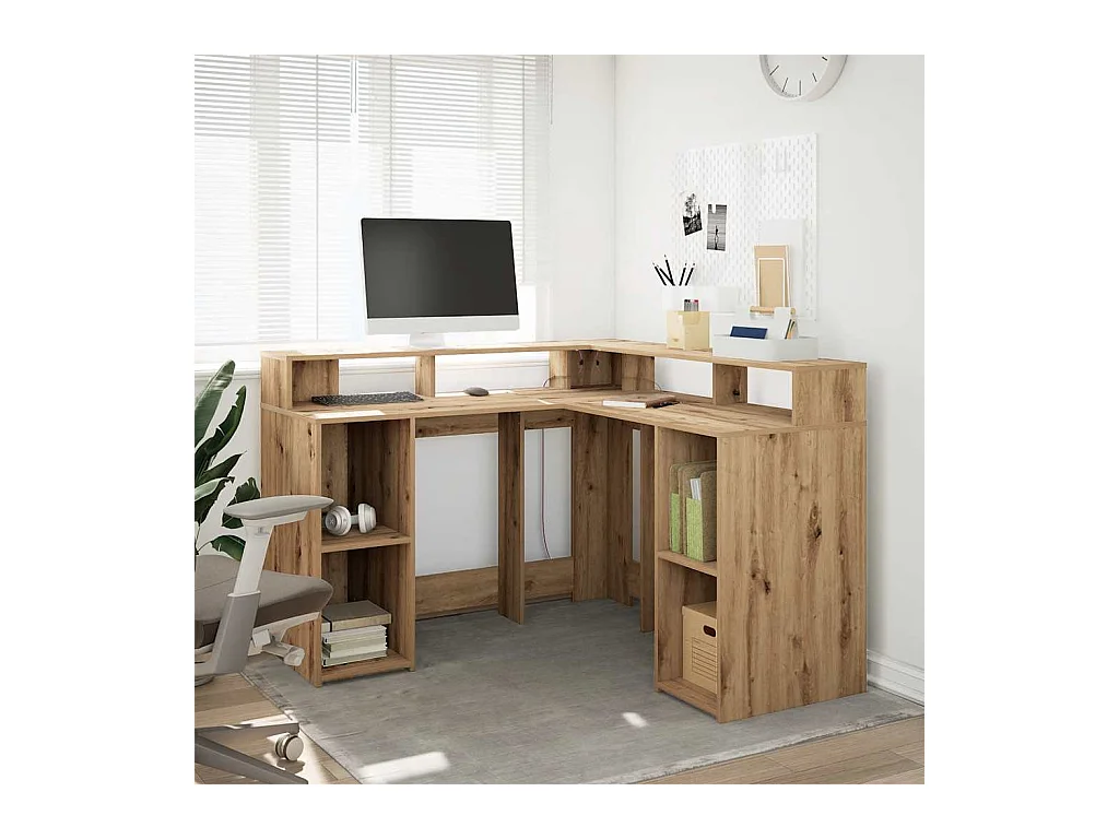 Bureau avec lumières LED chêne artisanal bois d'ingénierie