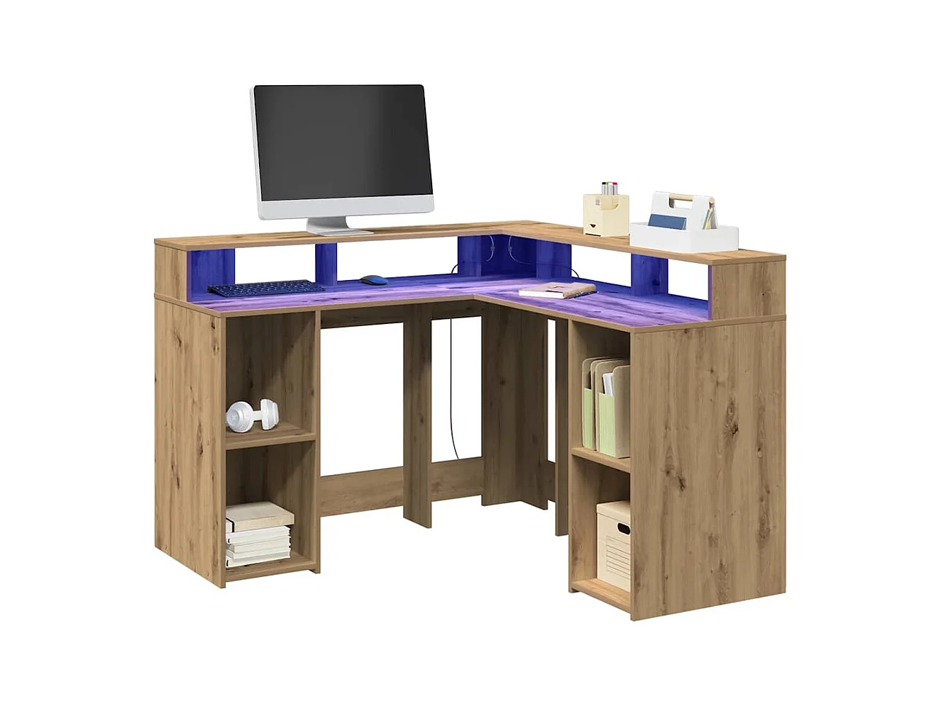 Bureau avec lumières LED chêne artisanal bois d'ingénierie