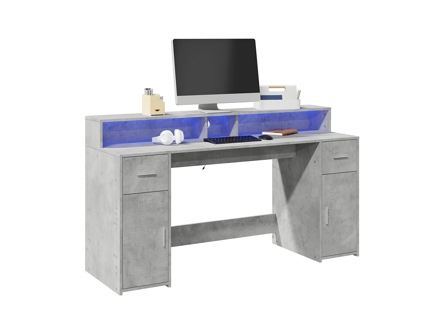 Bureau et lumières LED gris béton 160x55x91cm bois d'ingénierie