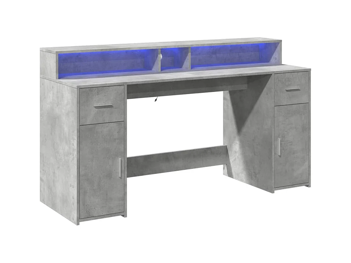 Bureau et lumières LED gris béton 160x55x91cm bois d'ingénierie