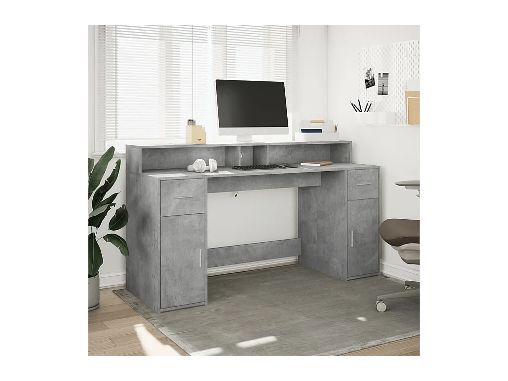 Bureau et lumières LED gris béton 160x55x91cm bois d'ingénierie