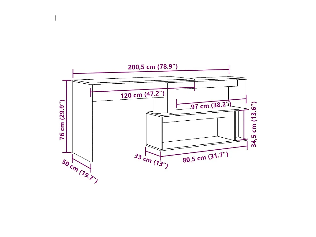 Bureau d'angle vieux bois 200,5x50x76 cm bois d'ingénierie