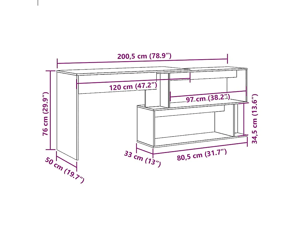 Bureau d'angle vieux bois 200,5x50x76 cm bois d'ingénierie