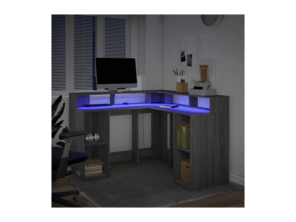 Bureau et lumières LED sonoma gris 130x130x91cm bois ingénierie