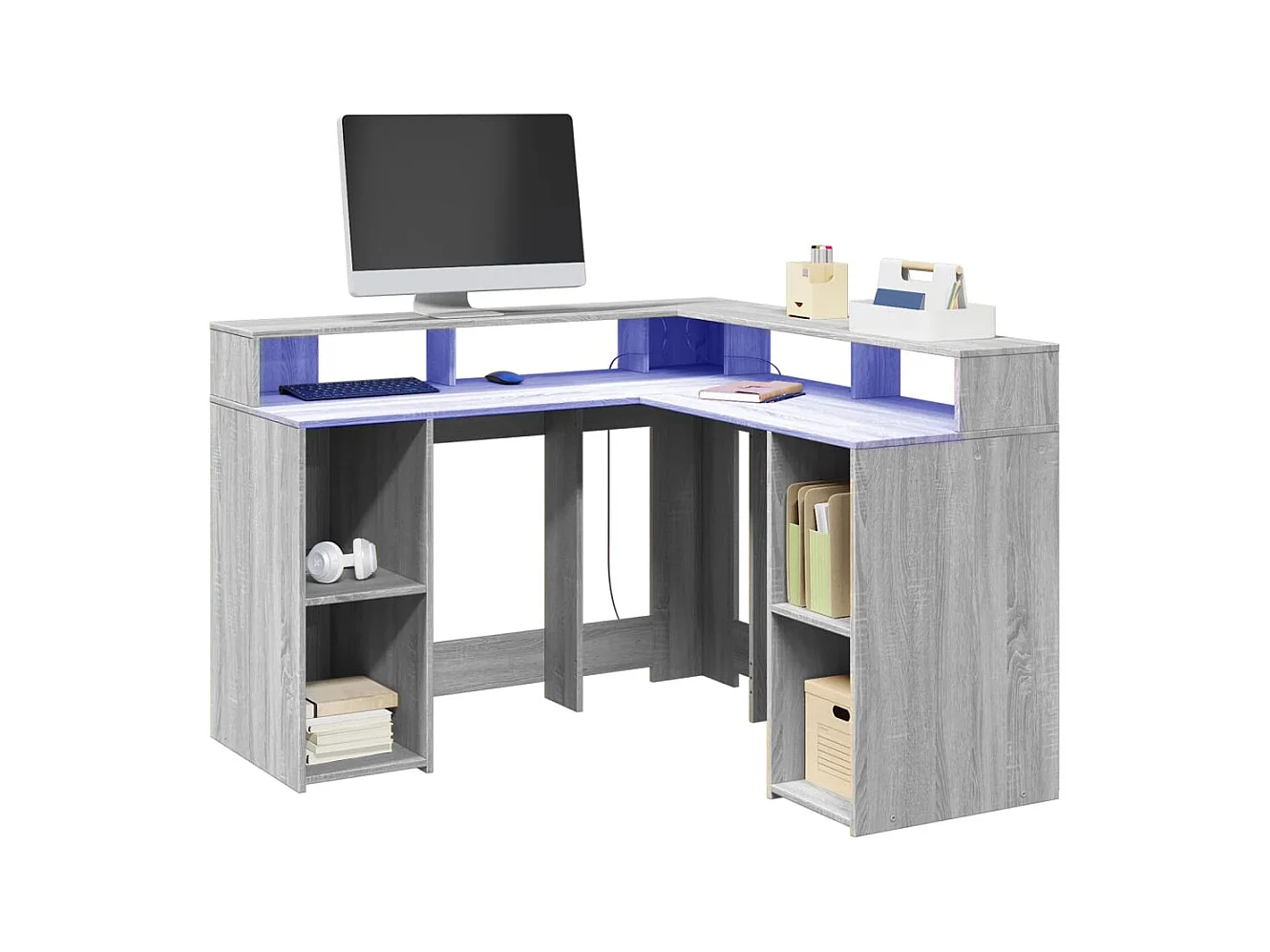 Bureau et lumières LED sonoma gris 130x130x91cm bois ingénierie