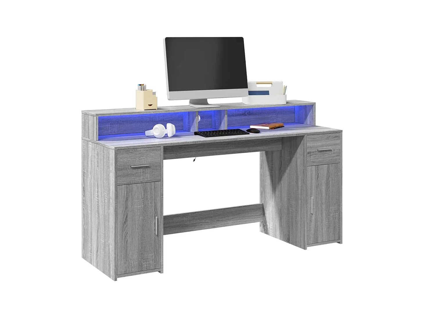 Bureau et lumières LED sonoma gris 160x55x91 cm bois ingénierie