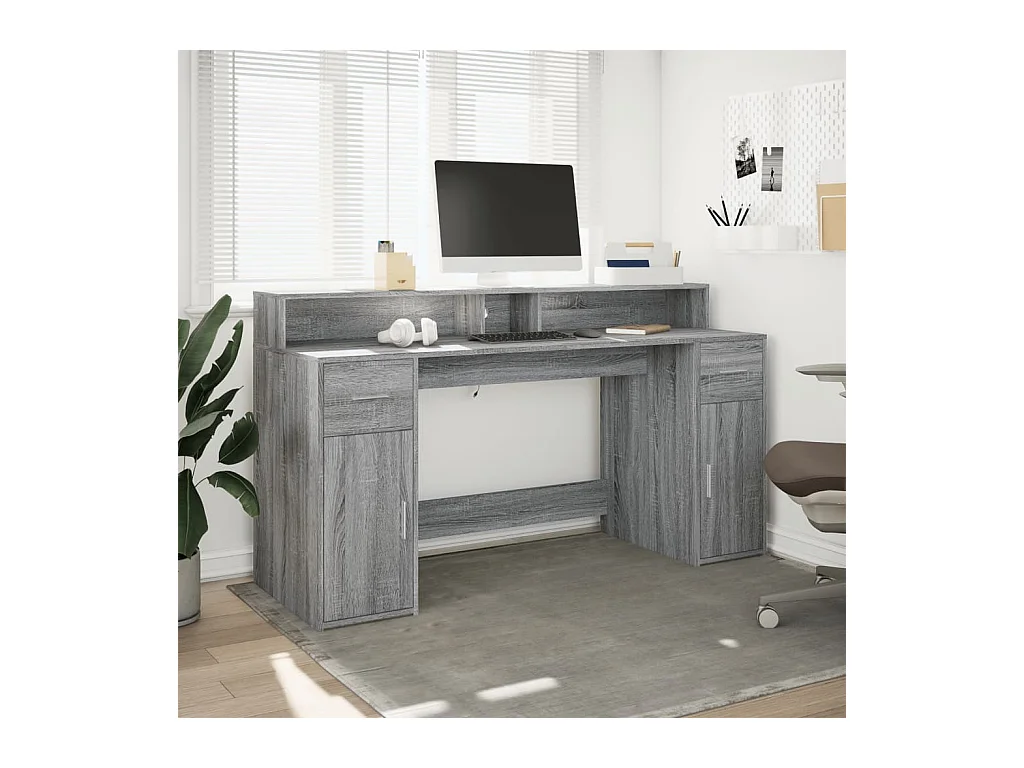 Bureau et lumières LED sonoma gris 160x55x91 cm bois ingénierie