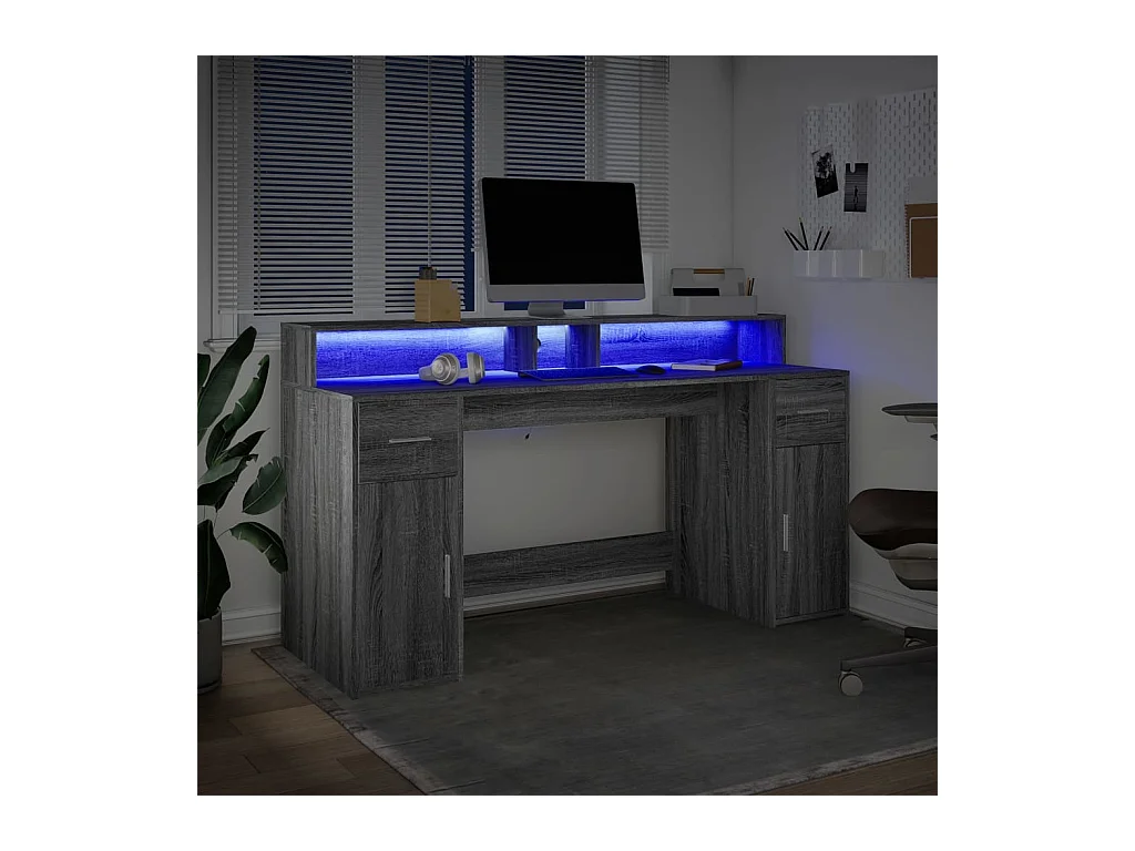 Bureau et lumières LED sonoma gris 160x55x91 cm bois ingénierie
