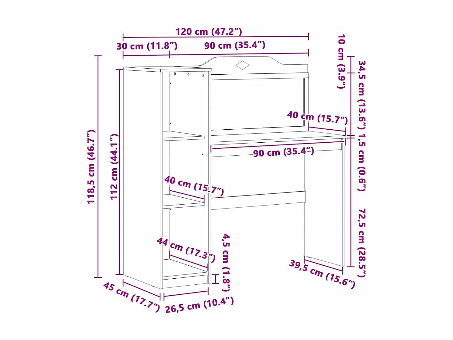 Bureau tableau noir Blanc 120 x 45 x 118.5 cm Bois d'ingénierie